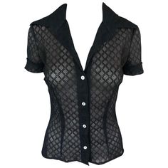 For Sale on 1stDibs - Dolce & Gabbana Vintage Sheer Mesh Lace Eyelet Button-Up Black Top Shirt Size S Dolce & Gabbana sheer stretchy lace mesh eyelet black top with pointed Elegant Fitted Sheer Top, Classic Sheer Evening Tops, Classic Sheer Top For Formal Occasions, Fitted Blouse With Button Closure, Classic Sheer Tops For Formal Occasions, Elegant Fitted Sheer Shirt, Fitted Elegant Tops With Button Closure, Fitted Blouse With Covered Buttons For Office, Fitted Sheer Shirt For Work