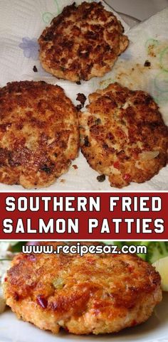 some fried salmon patties are on a white plate