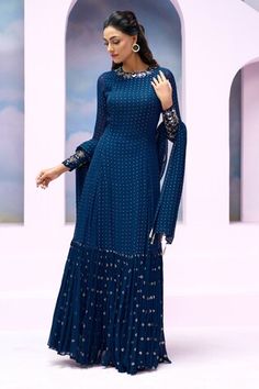 Navy blue anarkali with sequins, mirror and nalki embroidery with frill gathered hem. Comes with embroidered tasseled edged dupatta. - Aza Fashions Gathered Anarkali, Navy Blue Anarkali, Blue Anarkali, Women Kurta, Anarkali, Aza Fashion, No Frills, Navy Blue, Mirror