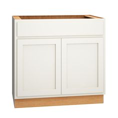 a white cabinet with two doors and one drawer on the bottom, in front of a white background