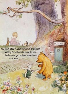 the bear and the bee are playing with each other in front of a big tree