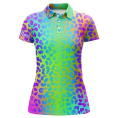 a women's colorful polo shirt with an animal print