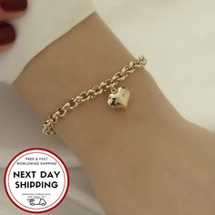 "\"Thick Rolo Chain, Heart Charm, 14k Gold Bracelet | Fine Jewelry in Love Puffy Heart Minimalist Bracelet for Everyday Use | Gift for Her\" P R O P E R T I E S The best finishing touch to every ensemble is our classic 14k gold rolo chain bracelet with a chic heart charm. It's stunning on its own, but it's also great with other bracelets for a more impressive look. This lovely charm bracelet is a timeless look that will be a go-to piece of your jewelry collection for decades to come. * Material: Heart Charm Bracelet With Heart Pendant As Gift, Rose Gold Chain Bracelet For Valentine's Day, Double Heart Bracelet For Mother's Day, Heart Pendant Charm Bracelet For Valentine's Day Gift, Elegant Everyday Charm Bracelet For Valentine's Day, Valentine's Day Gift Charm Bracelet With Heart Pendant, Valentine's Day Heart Pendant Charm Bracelet, Trendy Heart Charm Bracelets For Mother's Day, Rose Gold Chain Bracelet With Heart Charm