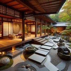 a japanese garden with rocks and stones on the ground