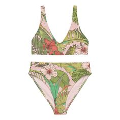 Fun and functional describes this vintage floral print swimsuit. Fresh tropical blooms, warm summer breezes and laid-back island life live on with this vintage floral print and playful tropical blooms. Whether you're spending your summer at the beach or enjoying the warmer weather, these swim leggings are perfect for sunny days paddleboarding or surfing. Features a flattering high cut leg, high waist and cheeky fit. • Fabric: 81% REPREVE recycled polyester, 19% LYCRA XTRALIFE • Double-layered, n Pink Tropical Swimwear With Floral Print, Pink Tropical Floral Print Swimwear, Green Tropical Swimwear With Floral Print, Summer Floral Print Surfing Swimwear, Floral Print Surfing Swimwear Beachwear, Floral Print Swimwear For Surfing, Floral Print Surfing Swimwear For Summer, Beachwear Swimwear With Floral Print For Surfing, Floral Print Beachy Swimwear For Surfing