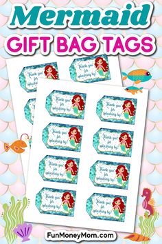 mermaid gift tags with the words mermaid on them and an image of a fish in the water