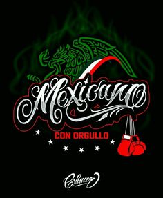 the mexican logo with boxing gloves hanging from it's handles, on a black background