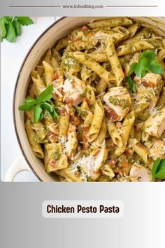 chicken pesto pasta in a pan with parsley on top and the recipe below