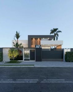 a modern house with palm trees in the front yard and parking lot on the other side