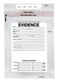 an envelope with the words evidence written on it in black and white letters, which are printed