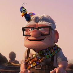 an animated character with glasses and a butterfly on his head, standing in the desert