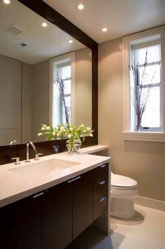 a white toilet sitting next to a bathroom sink under a window in front of a mirror