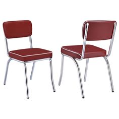 two red chairs sitting next to each other on a white background with no one in it