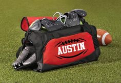 Score a touchdown with our Custom Football Duffle Bag - the ultimate in personalized sports gear! Perfect for athletes and fans alike, this spacious bag is ideal for carrying gym equipment, travel essentials, and team gifts. Crafted from durable materials, it features sturdy handles and a shoulder strap for easy transport. Add your name, team, or favorite number for a unique touch. Whether hitting the gym or heading out of town, carry your belongings in style with this must-have duffle bag. Get yours today! Sporty Bags For Football Season, Sporty Red Gym Bag, Black Sports Bags With Letter Print, Black Sports Bag With Letter Print, Durable Rectangular Sports Bag, Black Sporty Gym Bag For Sports Events, Black Sporty Gym Bag For Sports, Sporty Rectangular Game Day Bag, Black Bags For Sports With School Spirit Style