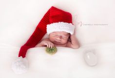 a newborn baby wearing a santa hat and holding a dandelion