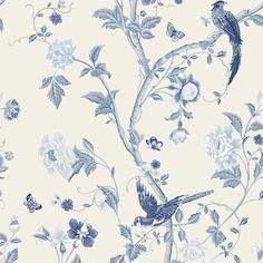 a blue and white floral wallpaper with two birds on the branch, flowers and butterflies