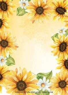 watercolor sunflowers with green leaves and white flowers in the center on a yellow background