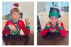 two pictures of a young boy in christmas sweaters brushing his teeth while sitting at a table