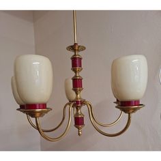 Vintage Chandelier with Brass and Cream-Colored Glass Shades, 1970s, in Good conditions.  Designed 1970 to 1979 European Plug (up to 250V).The wiring of this item may be original and might need replacement, if not specified otherwise. Bathroom Chandelier, Be Original, Vintage Chandelier, English Cottage, Colored Glass, Glass Shades, Cream Color, 1970s, Cottage