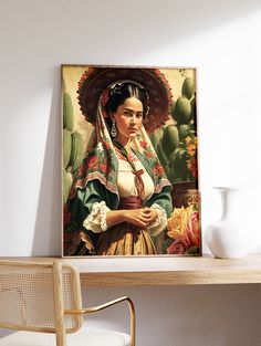 a painting on the wall above a desk with a chair and table in front of it