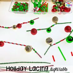 the holiday lacng table is decorated with christmas decorations and candy canes on it