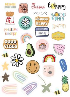 an assortment of stickers that include different types of food and drink, including watermelon