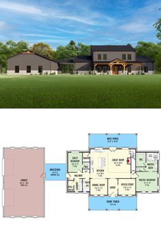 two story house plans with open floor plan and large front yard, covered in grass