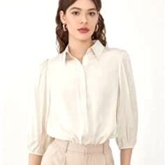 Ordered This And Forgot To Return Before Window Closed. Brand New, Never Worn. 100% Polyester. It’s A Buttery Smooth Material And Is An Off-White Cream Color Elegant Half Sleeve Summer Shirt, Elegant Half Sleeve Tops With Buttons, Solid Color Half Sleeve Office Top, Office Half-sleeve Solid Color Tops, Chic Tops With 3/4 Sleeves For Work, Office Half Sleeve Tops, Elegant Solid Color Top With 3/4 Sleeves, Chic Half Sleeve Office Tops, Chic Half Sleeve Tops For Office