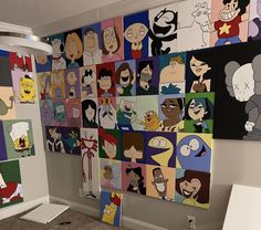 a room with many cartoon pictures on the wall