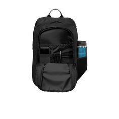 a black backpack with two cell phones in the back pocket and an external charger attached to it