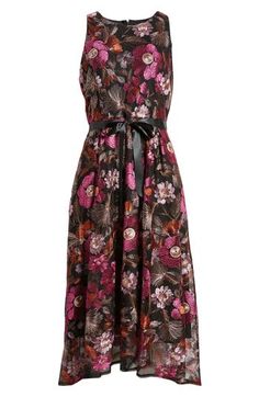 Opulent floral embroidery decorates a sleeveless dress fashioned with a high-low hem and a ribbon tie at the waist. 47" length Back zip closure Jewel neck Sleeveless Removable waist tie High-low hem Lined 100% polyester Dry clean Imported Sleeveless Midi Dress, Jewel Neck, Ribbon Tie, Midi Dress Sleeveless, High Low Hem, Black Midi Dress, Nordstrom Dresses, Black Rose, Waist Tie