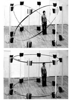 two images show a man standing in front of an object with circles and poles attached to it