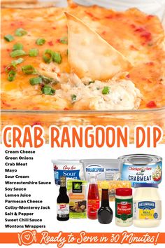 a poster advertising crab rangoon dips and sauces with the caption crab rangoon dip