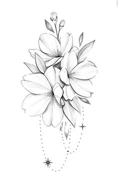 a black and white drawing of flowers with stars on the bottom half of their petals