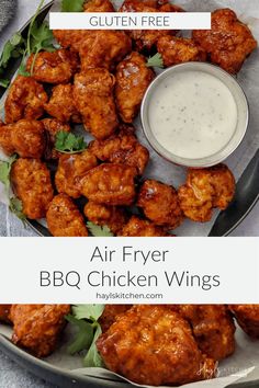 air fryer bbq chicken wings on a plate with ranch dressing