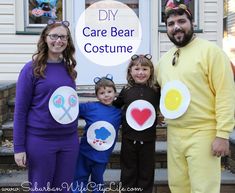 three adults and two children dressed up in costumes with the words diy care bear costume