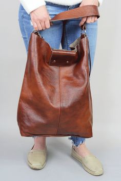 "Oversized bag - large leather tote bag -XXL handbag BROWN LEATHER BAG Height: 46 cm / 18.2\" Width: 43 cm / 17\" Width at the base: 32 cm / 12.6\" Min handle drop: 20 cm / 10.2\" Length of handle: 44 cm / 17.3\" Long strap: max 110 cm / 43.5\" Depth: 13 cm / 5.1\" Large and stylish tote bag made from high quality leather. Spacious interior provides room for all the daily essentials and more. This bag is perfect as your everyday bag, which can fit an IPAD, A4 files, books, magazines, cosmetic ba Slouchy Tote, Brown Leather Backpack, Large Leather Tote Bag, Soft Leather Bag, Stylish Tote Bag, Oversized Tote Bag, Oversized Bag, Latest Bags, Brown Leather Totes