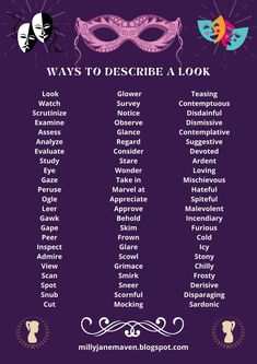 a purple poster with masks and words that say ways to describe a look in different languages