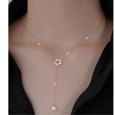 Luxe Stainless Steel Rhinestone Star Lariat Pull Necklace, Ships In 7-8 Days Lariat Necklaces With Star Charm For Gift, Gold Lariat Necklace With Star Charm, Elegant Adjustable Gold-tone Lariat Necklace, Luxury Gold-tone Lariat Necklaces, Elegant Star-shaped Lariat Necklace, Womens Jewelry Necklace, Stainless Steel, Jewelry Necklaces, Women Jewelry