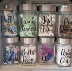 the jars are filled with different types of things to put in them, and have words written on them