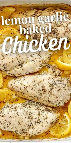 lemon garlic baked chicken in a baking dish