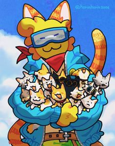 a cartoon character holding many cats in his arms