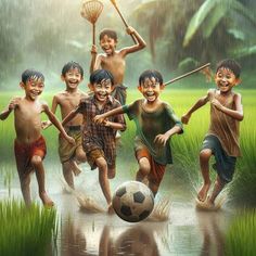 children are playing in the rain with a soccer ball and stick while running through water