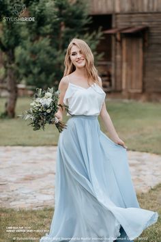 Bridesmaid Separates, Bridesmaid Tops, Light Blue Crop Top, Blue Crop Tops, Bridesmaid Robes, Wedding Outfits, Chiffon Skirt, Maxi Skirts, Silk Skirt