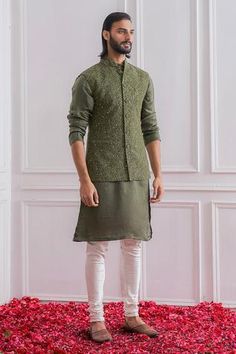 Shop for Ankit V Kapoor Green Twill Satin Lucknowi Nehru Jacket for Men Online at Aza Fashions Nehru Jacket With Kurta, Nehru Jacket For Men, Waistcoat Designs, Wedding Kurta, Wedding Kurta For Men, Mehendi Outfit, Wedding Dresses Men Indian, Kurta Men, Mens Kurta Designs