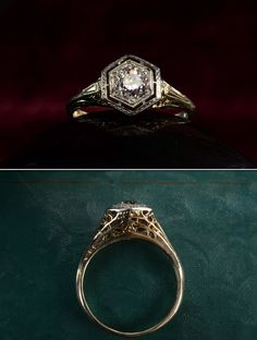 two different views of an antique diamond ring