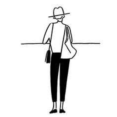 a black and white drawing of a person with a hat on their head standing in front of a wall