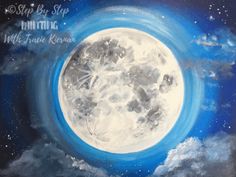 an acrylic painting of a full moon in the night sky with stars and clouds