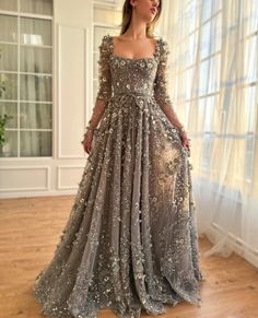 Garden of Grace Couture Gown | Teuta Matoshi Elegant Floral Embroidered Ball Gown For Prom, Floor-length Gray Dresses For Wedding, Gray Floor-length Wedding Dresses, Elegant Floral Embroidered Ball Gown For Gala, Elegant Ball Gown With Floral Embroidery, Elegant Gray Tulle Evening Dress, Gray Wedding Gown With Sweep Train, Gray Floor-length Gown For Prom Season, Gray Floor-length Prom Season Gown