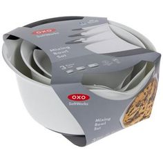 oxo mixing bowl with spoons set of 6 in white and grey packaging, front view